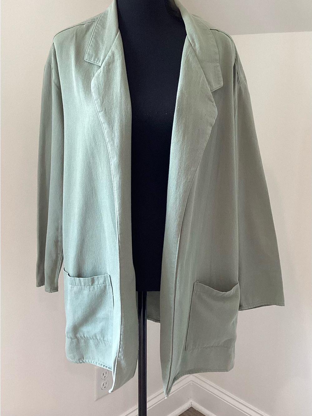 Vintage Sage Green Open Front Blazer Jacket Minimalist Coastal Chic Size Large